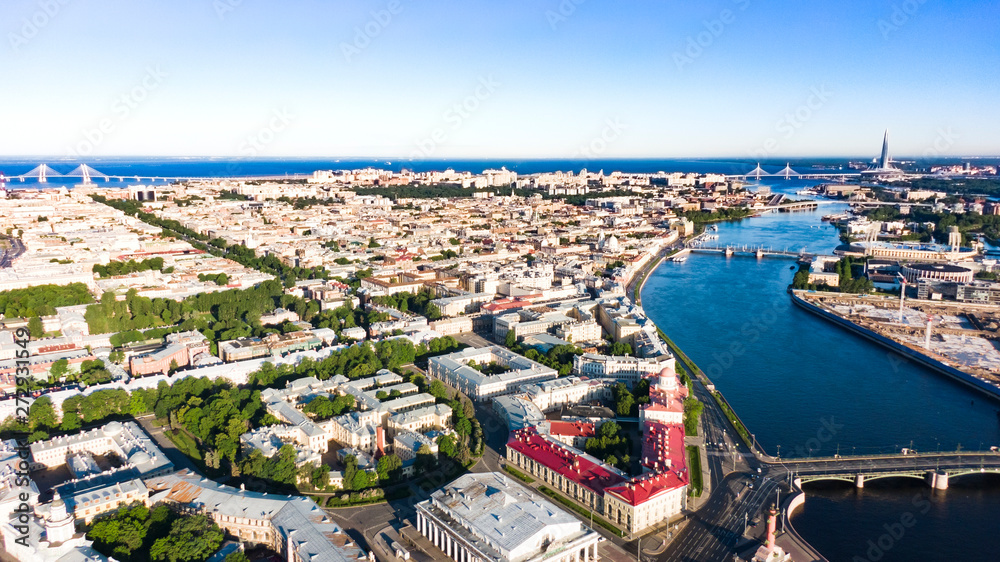 Obraz premium The Spit of Vasilievsky Island, aerial view on city Saint-Petersburg