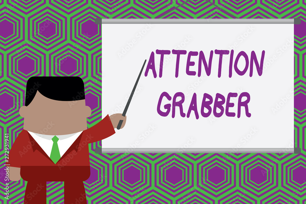Conceptual hand writing showing Attention Grabber. Business photo showcasing Deanalysisding notice mainly by being prominent or outlandish Businessman standing in projector pointing project idea. Conceptual hand writing showing Attention Grabber. Business photo showcasing Deanalysisding notice mainly by being prominent or outlandish Businessman standing in projector pointing project idea.