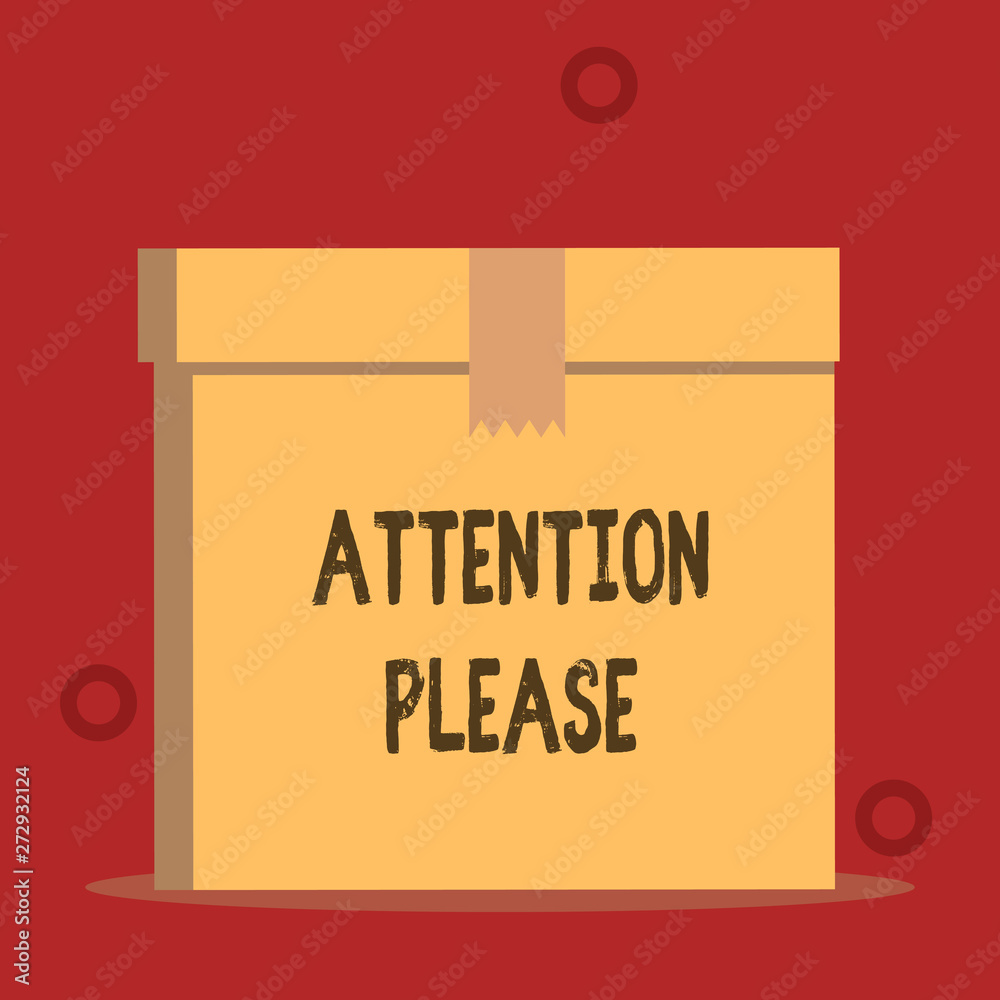 Word writing text Attention Please. Business concept for Asking showing to focus their mental powers on you Close up front view open brown cardboard sealed box lid. Blank background. Word writing text Attention Please. Business concept for Asking showing to focus their mental powers on you Close up front view open brown cardboard sealed box lid. Blank background.