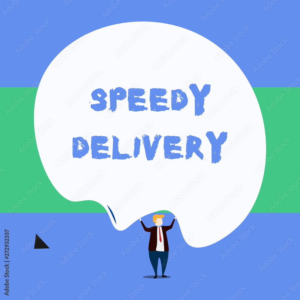 Text sign showing Speedy Delivery. Conceptual photo provide products in fast way or same day shipping overseas Front view standing man dressed suit tie two hands up big deflated balloon. Text sign showing Speedy Delivery. Conceptual photo provide products in fast way or same day shipping overseas Front view standing man dressed suit tie two hands up big deflated balloon.