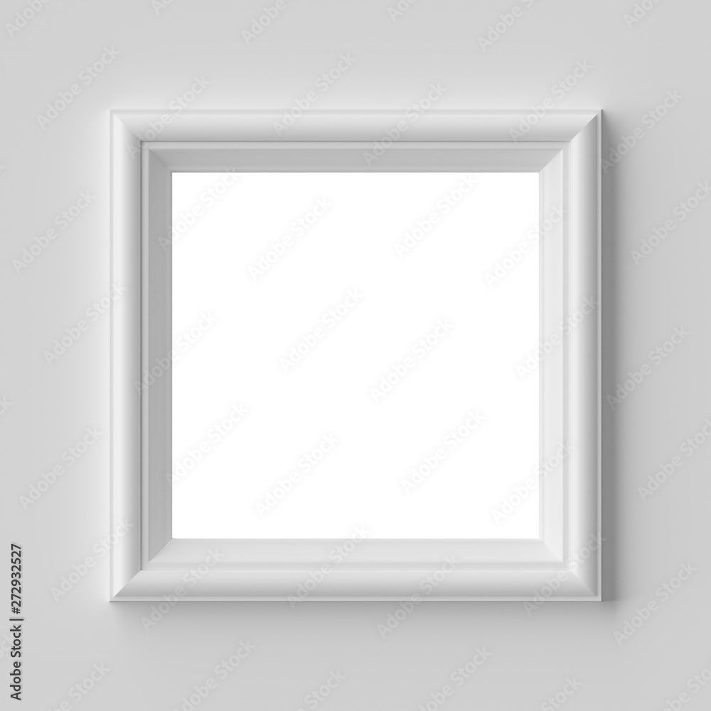 White square frame for photo on white wall with shadows with copy-space White square frame for photo on white wall with shadows with copy-space