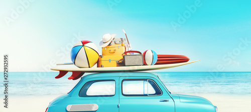 Small retro car with baggage, luggage and beach equipment on the roof, fully packed, ready for summer vacation, concept of a road trip with family and friends, dream destination, very vivid colors