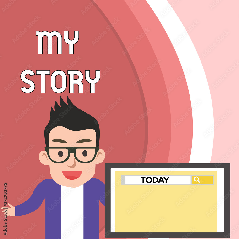 Naklejka premium Handwriting text My Story. Conceptual photo the things or situations that have happened to someone in life Male Speaker Monitor with Search Tool on Screen Presentation or Report