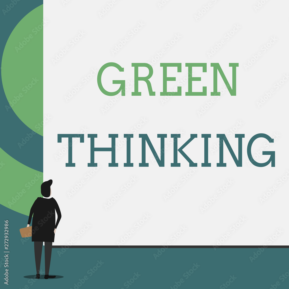 Text sign showing Green Thinking. Business photo showcasing Taking ction to make environmental responsibility a reality Back view young woman watching blank big rectangle. Geometrical background Text sign showing Green Thinking. Business photo showcasing Taking ction to make environmental responsibility a reality Back view young woman watching blank big rectangle. Geometrical background