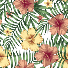 Fotobehang Hibiscus patronen Goudkleurige hibiscus en plumeria bladeren  © berry2046