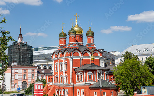 Varvarka street with cathedrals and churches - located near Red Square in Moscow, Russia-- view from modern park Zaryadye