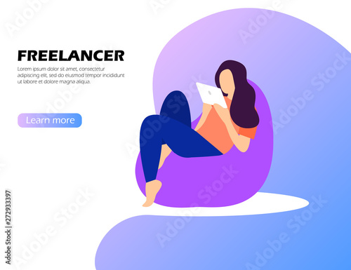Freelancer. Woman sits on a chair bag and works at a laptop.