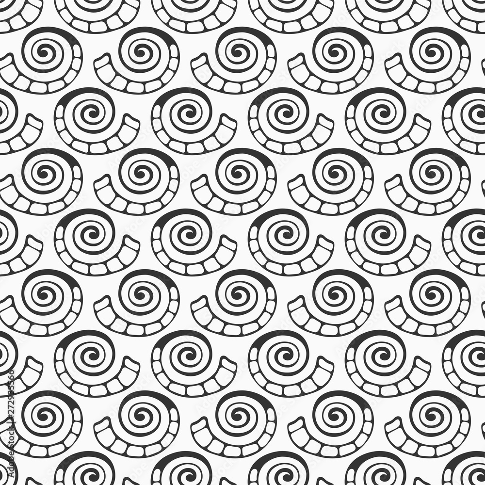 Abstract seamless pattern of hand drawn natural forms, shells, spirals.