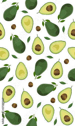 Seamless pattern whole and sliced avocado on white background, Vector illustration