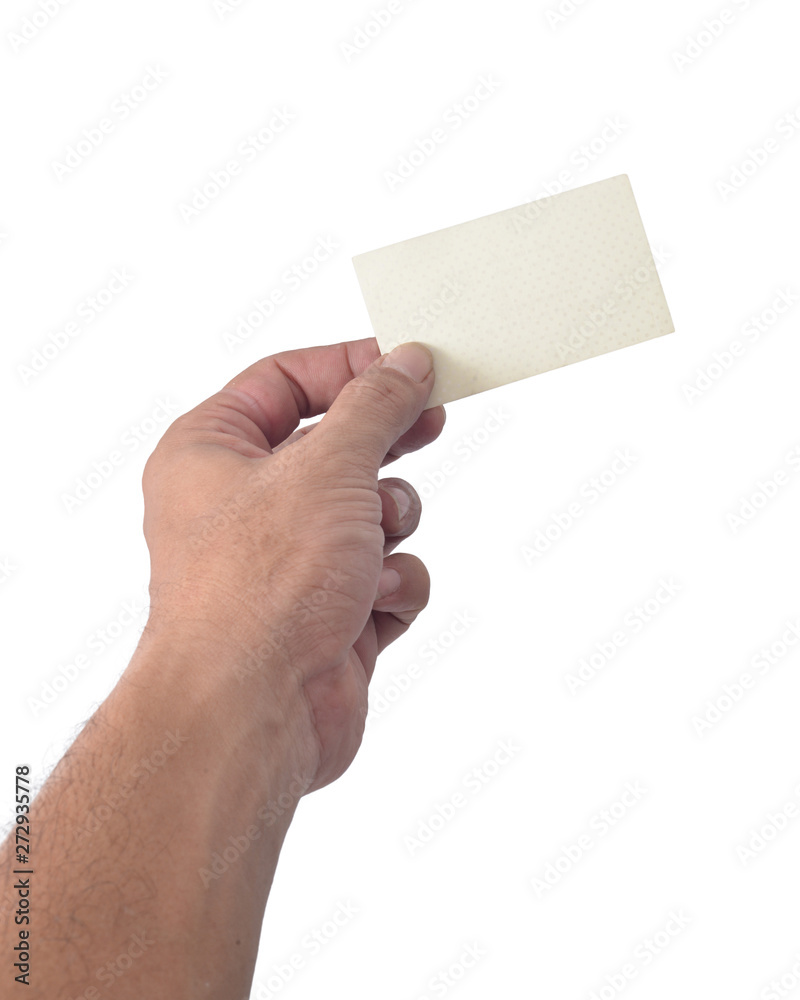 Hand holding card isolated on a white background.