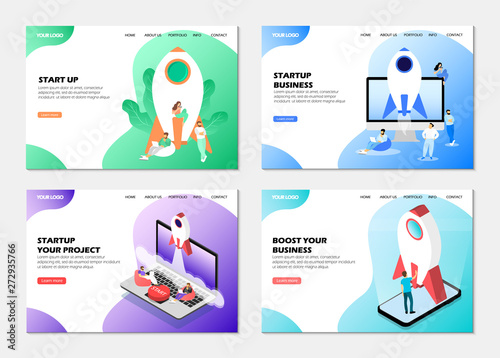 Set of web page design templates. Business startup, startup your project, boost your business. Startup landing pages. Modern web pages for web sites.