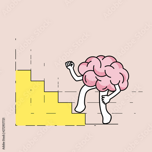 Brain cartoon walking up stairs, as a bar graph gimmick. Developing growth mindset concept. Vector illustration outline flat design style.