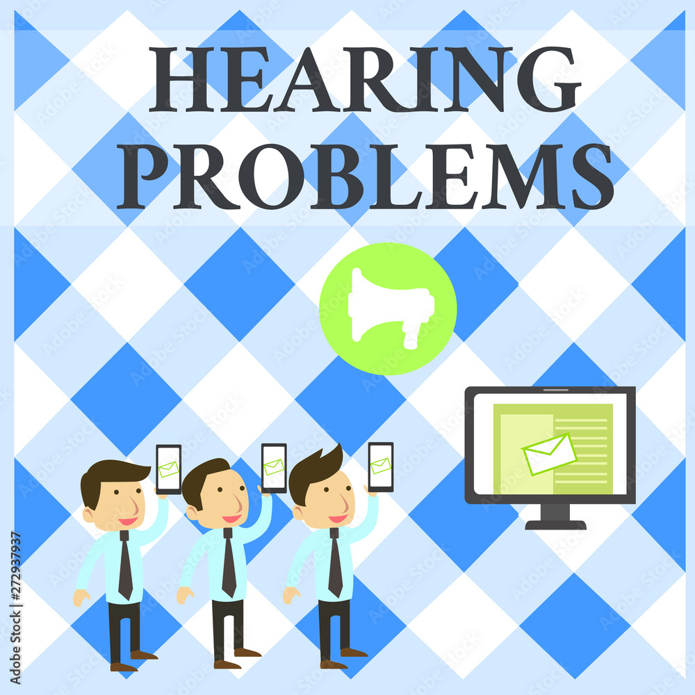 Text sign showing Hearing Problems. Business photo showcasing is partial or total inability tolisten to sounds normally SMS Email Marketing Media Audience Attraction Personal Computer Loudspeaker
