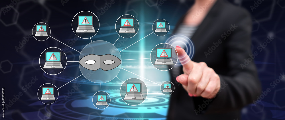 Woman touching a cyber attack concept Woman touching a cyber attack concept