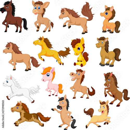 Set of cute cartoon horse isolated on a white background
