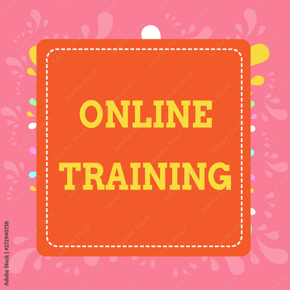 Writing note showing Online Training. Business concept for Take the education program from the electronic means Dashed Stipple Line Blank Square Colored Cutout Frame Bright Background