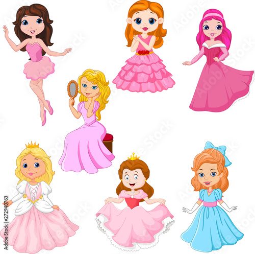 Set of cute cartoon princesses isolated on white background