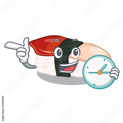 With clock sushi hokkigai cartoon on a plate photo