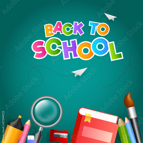 Colorful text Back To School with paper plane and education supplies element such as book, magnifying glass, colored pencil on green background.