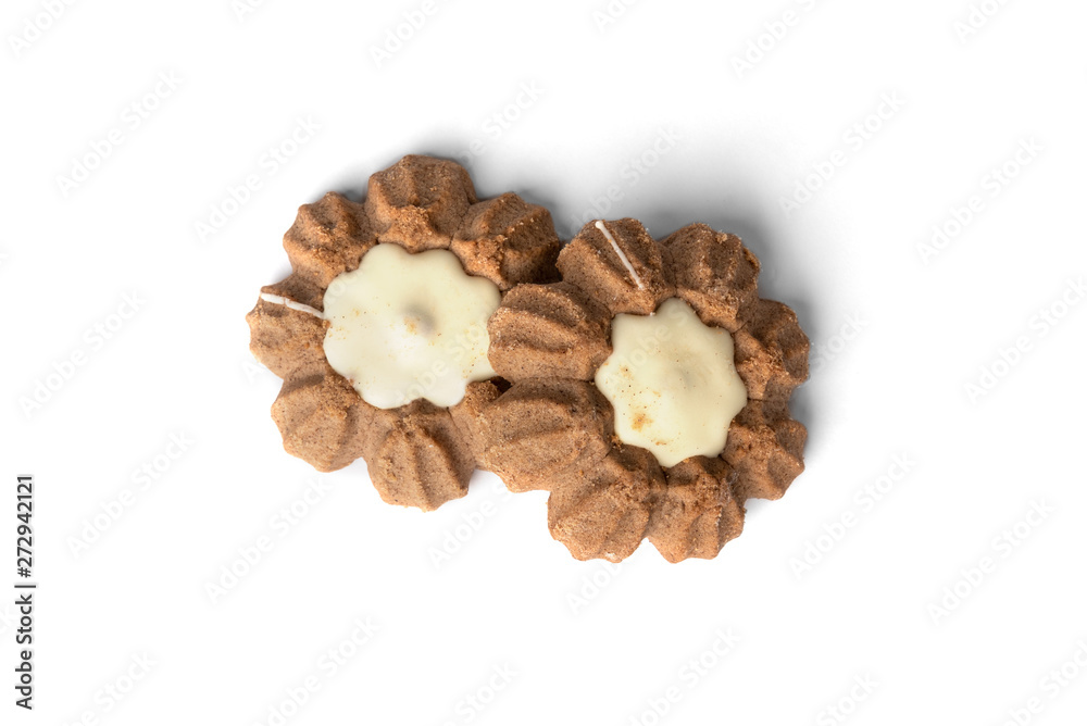 Chocolate shortbread cookies isolated on white background.