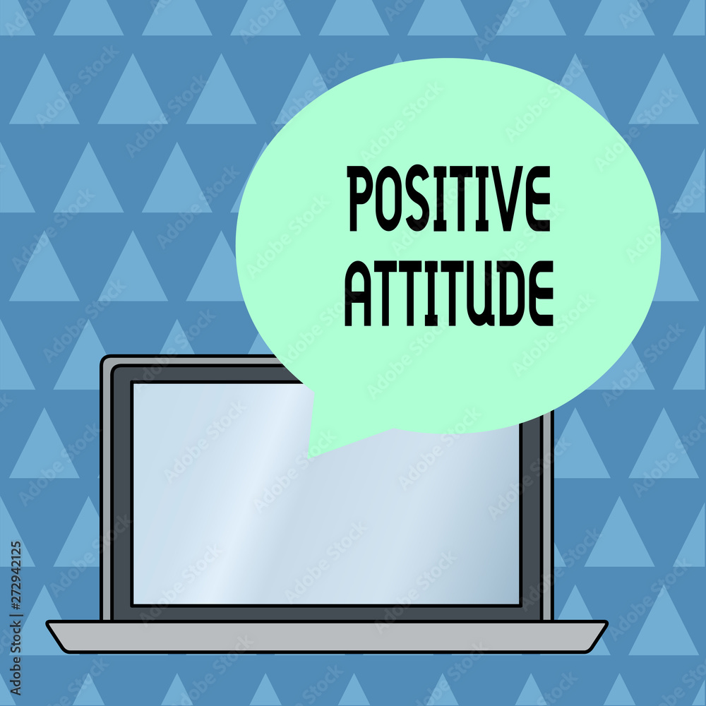 Text sign showing Positive Attitude. Business photo showcasing Being optimistic in Life Looking for good things Round Shape Empty Speech Bubble Floating Over Open Laptop Colored Backdrop