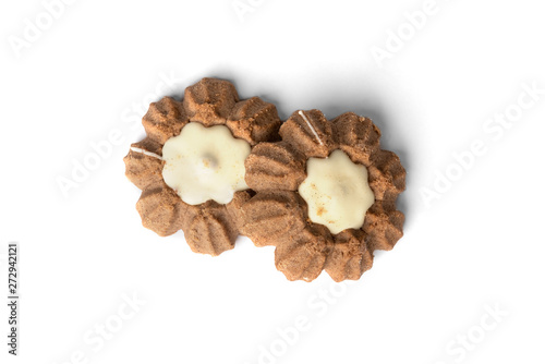 Chocolate shortbread cookies isolated on white background.