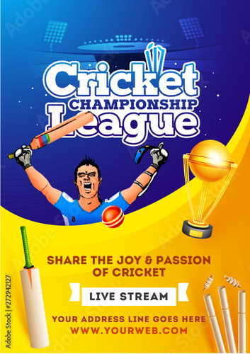 Live Stream Cricket Championship League poster or flyer design. Illustration of batsman in winning pose on yellow and blue color background.