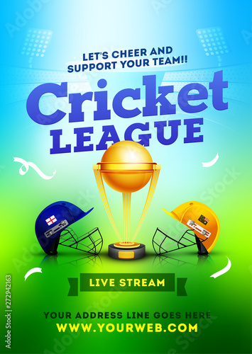 Cricket League between two team, Cricket match poster or flyer design. Cricket helmet and ball on green and blue background with unique cricket sport font.