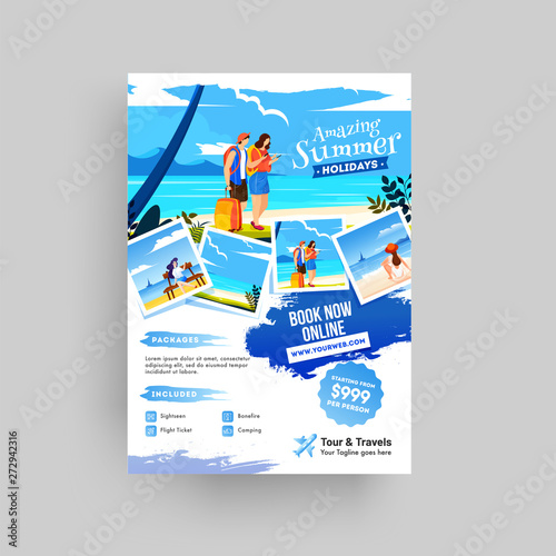 Creative website poster, flyer or template design for summer holiday, travel and trip with text of "Book Now Online" .