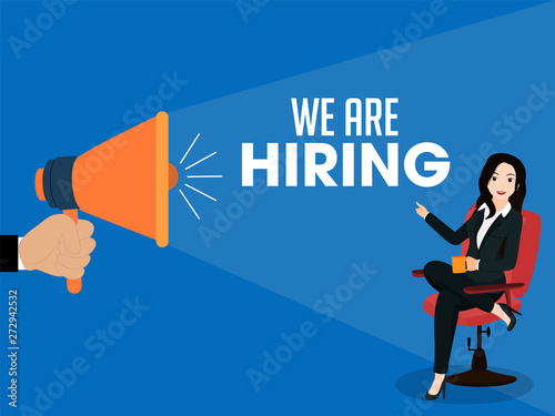 Announcement banner or poster design with business woman sitting on office chair for We're hiring, Job vacancy concept.