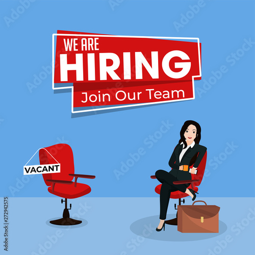 Businesswoman sitting on office chair with vacant chair for We're Hiring join our team, Job vacancy concept. Can be used as poster or template design.