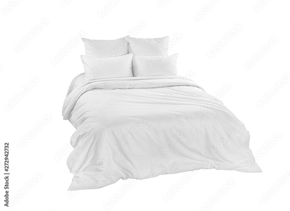 White bedlinen on a white bed isolated. Bedroom with bed and linen. Bed