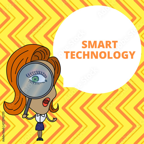 Conceptual hand writing showing Smart Technology. Concept meaning gadgets or device that has a built in computer or chip Woman Looking Trough Magnifying Glass Big Eye Speech Bubble