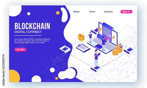 Blockchain modern flat design isometric with Currency and people concept. Illustration of web and graphic design for Landing page template.