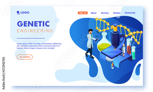 Website template with scientists doing research analyzing DNA molecule. genetic Engineering and Genome modification for advertisement.