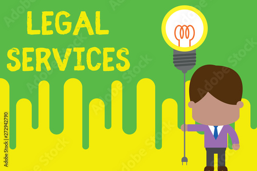 Handwriting text Legal Services. Conceptual photo Providing access to justice Fair trial Law equality Standing man tie holding plug socket light bulb to connect idea. Startup photo