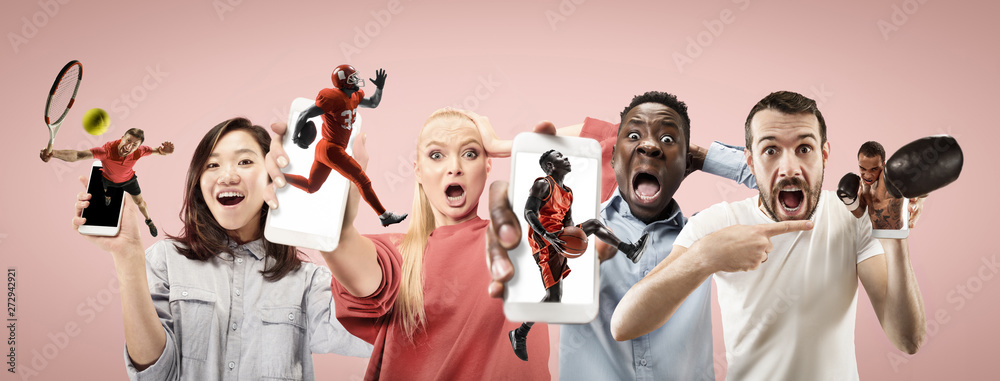 Portrait of people showing mobile phones isolated over coral background. Male and female models using smartphone for talks, chating, betting or online bill payments. Creative collage made of 7 people.
