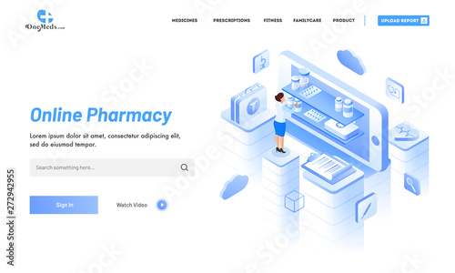 Isometric illustration of smartphone with medical equipment, a lady ordered medicine for Online Pharmacy service concept.