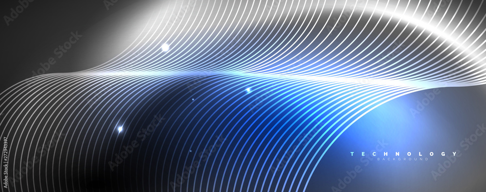 Fototapeta premium Shiny neon lights, dark abstract background with blurred magic neon light curved lines