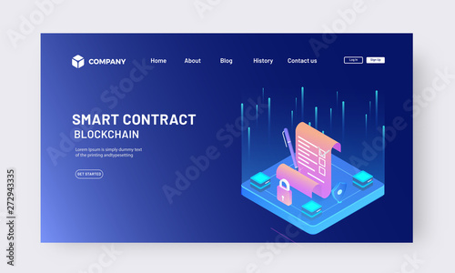 Secure and protected contract with app lock and protection shield on blue background. Landing page for Smart Contract Blockchain design.