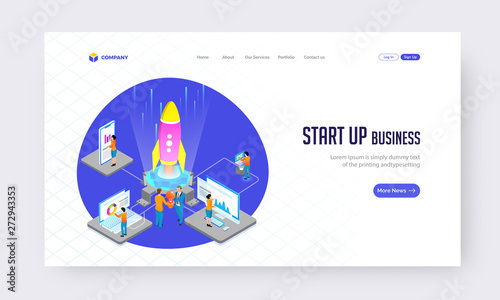 Start Up Business concept website or landing page design. Illustration of business people working on project.
