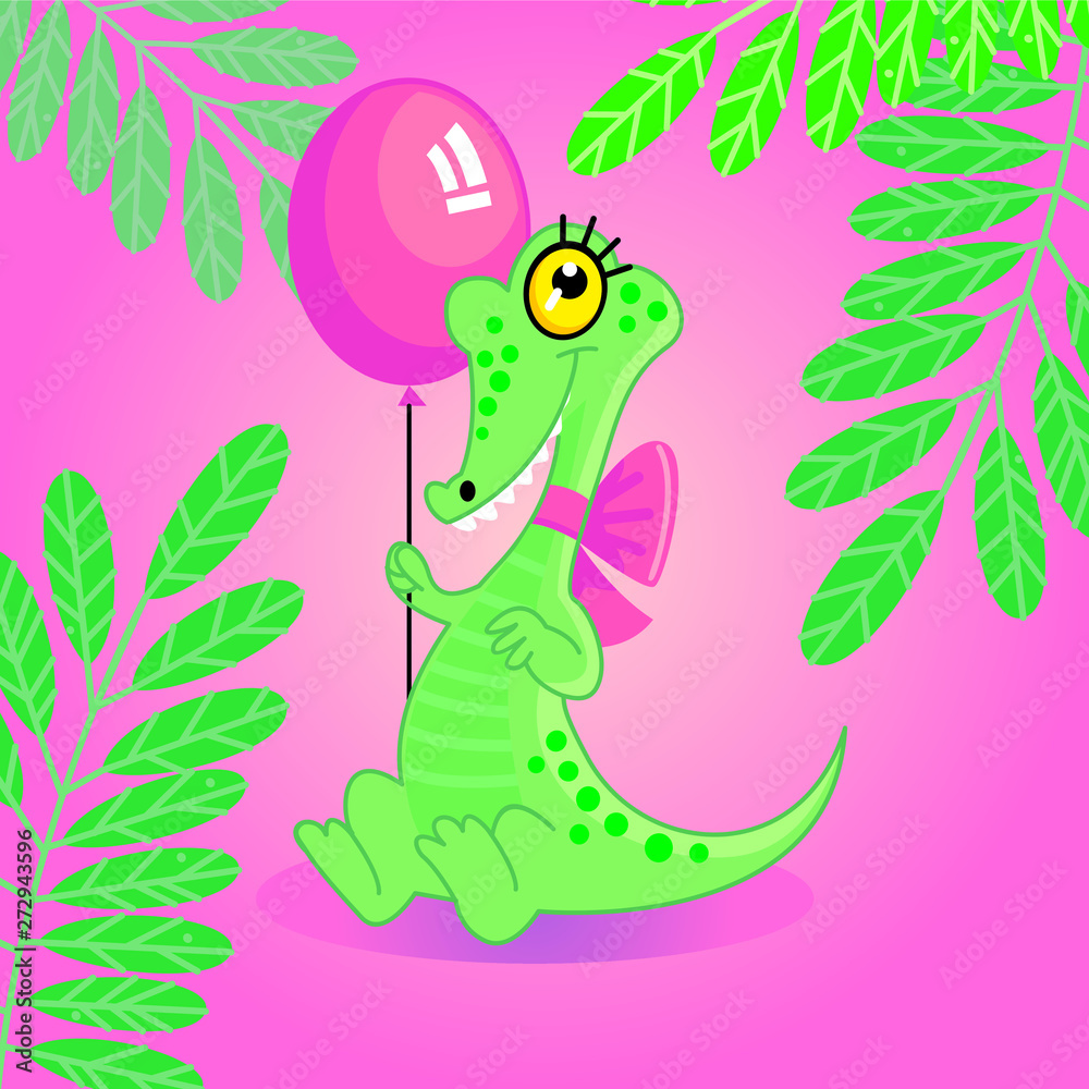 Naklejka premium The crocodile keeps the ball on a pink background
