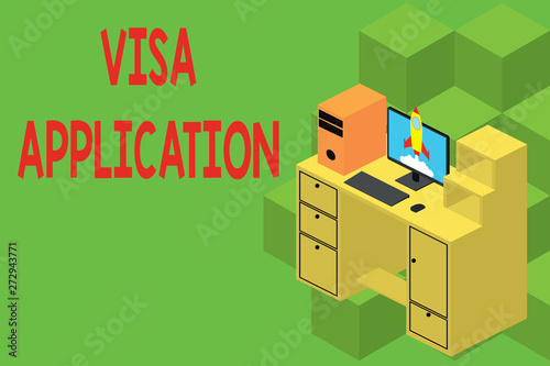 Text sign showing Visa Application. Business photo showcasing Form to ask permission travel or live in another country Working desktop station drawers personal computer launching rocket clouds
