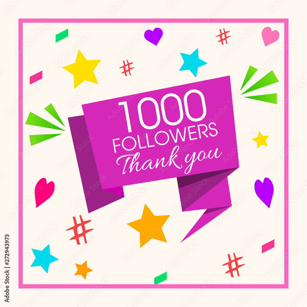 1000 followers thank you message on ribbon with social media symbols.