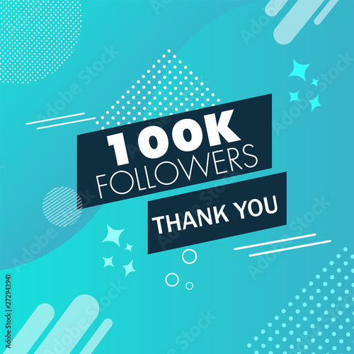 Thank you message for 100K followers on blue abstract background. Can be used as card design.