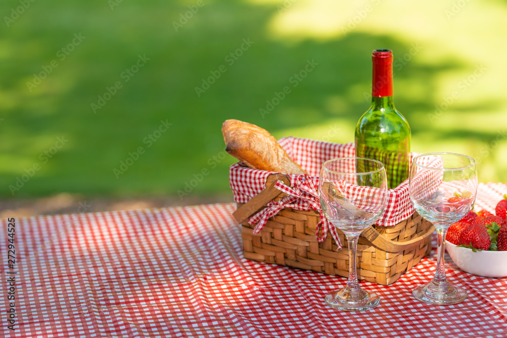 Picnic. bottle of wine with glasses. strawberry.romance.banner Picnic. bottle of wine with glasses. strawberry.romance.banner