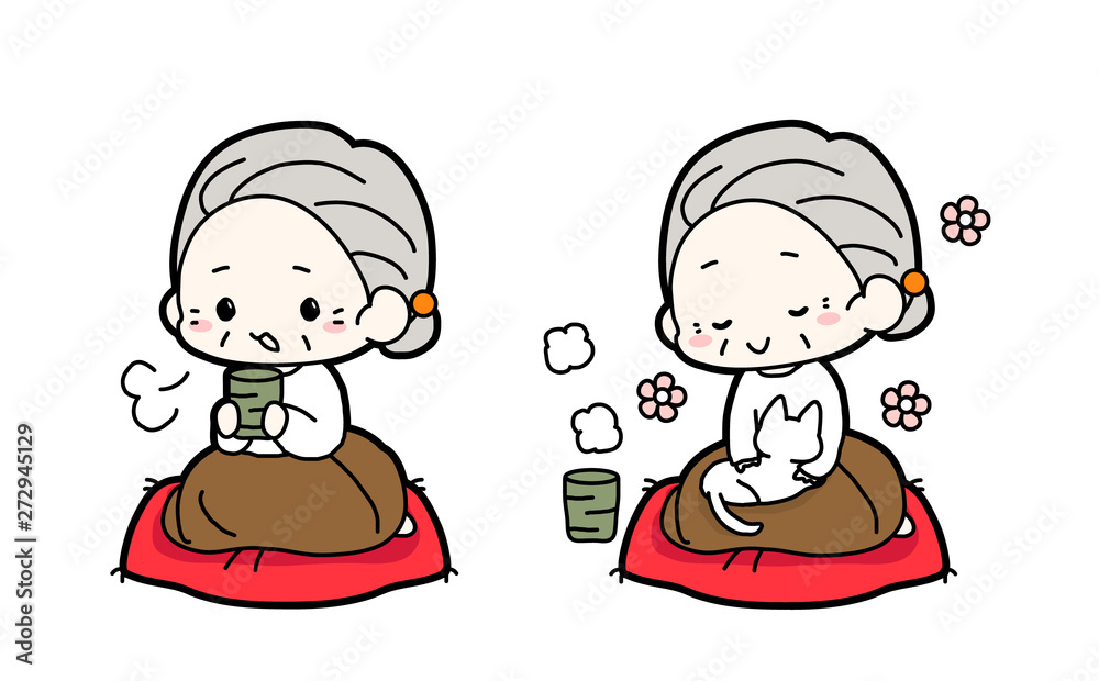 縁側でお茶を飲むおばあちゃん 猫飼ってるおばあちゃん うたたねおばあちゃんのイラスト Stock ベクター Adobe Stock