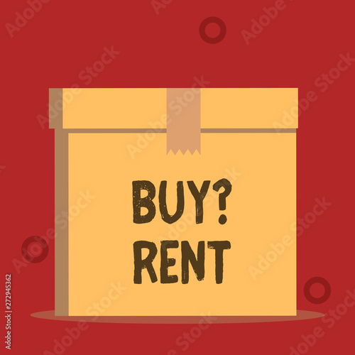 Word writing text Buy Question Rent. Business photo showcasing Group that gives information about renting houses Close up front view open brown cardboard sealed box lid. Blank background