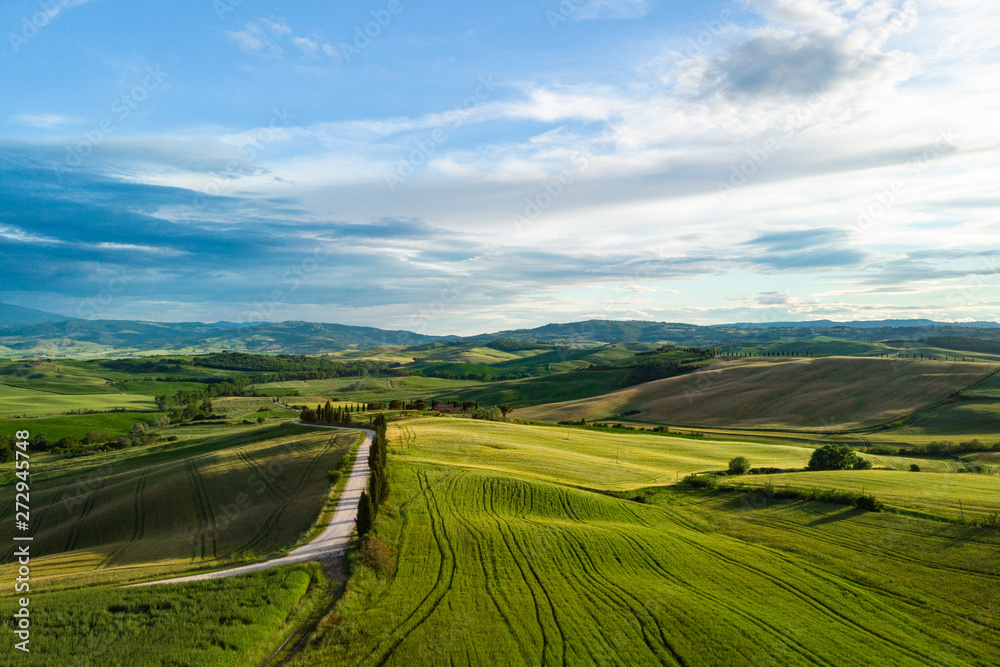 Picturesque Tuscany landscape with rolling hills, valleys, sunny fields, cypress trees along winding rural road, houses on a hill. Tourist visit in Tuscany