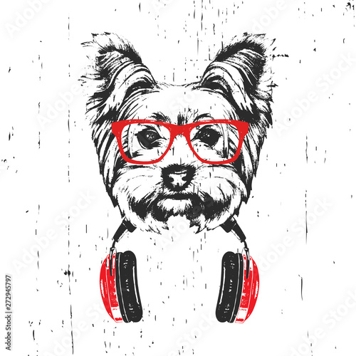 Portrait of Yorkshire Terrier Dog with glasses and headphones. Hand-drawn illustration. T-shirt design. Vector